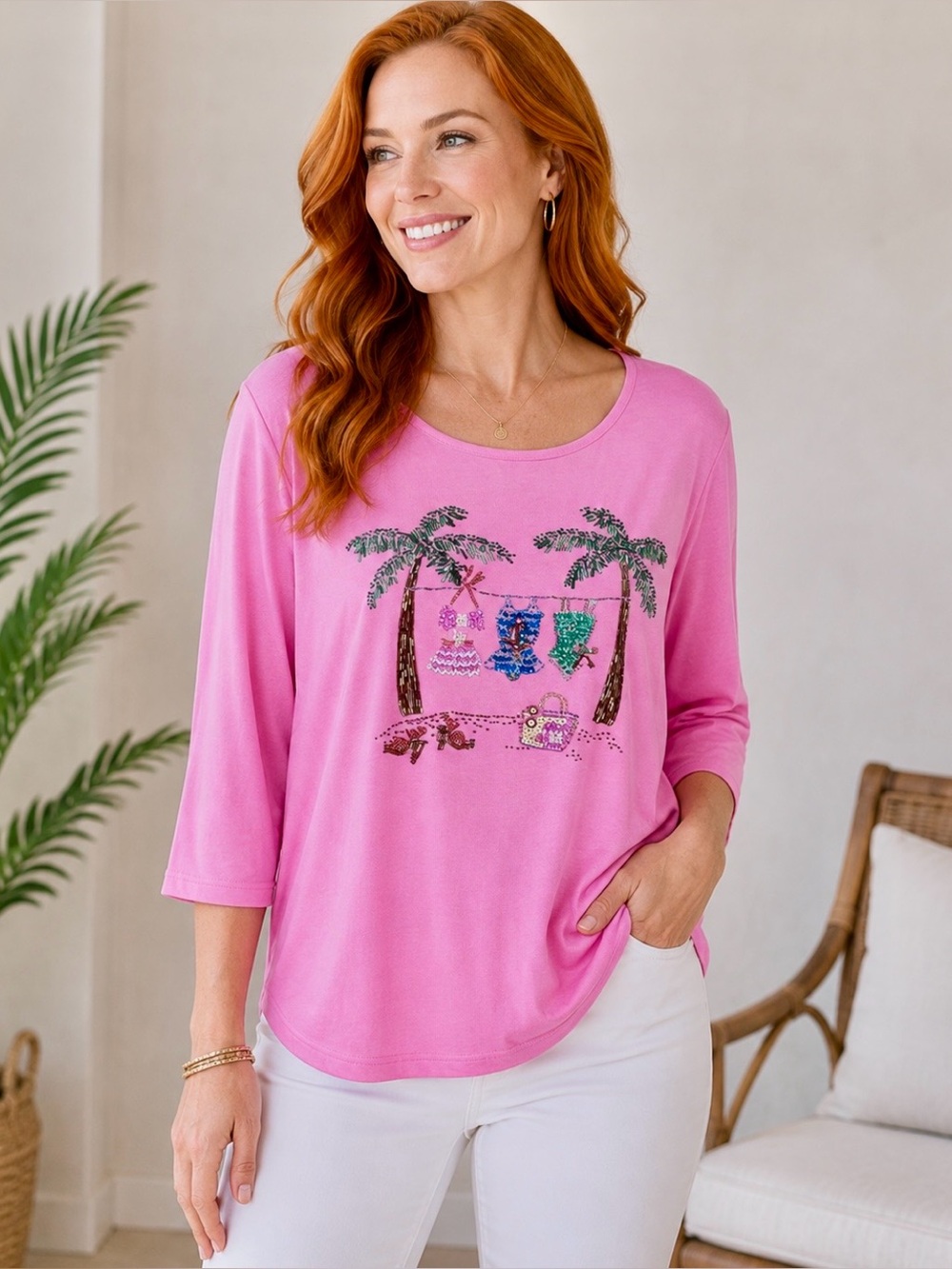 Quacker Factory Pink Sequin Tropical Palm Tree Top XL NWT